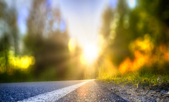 A road surrounded by trees disappearing into the sunrise